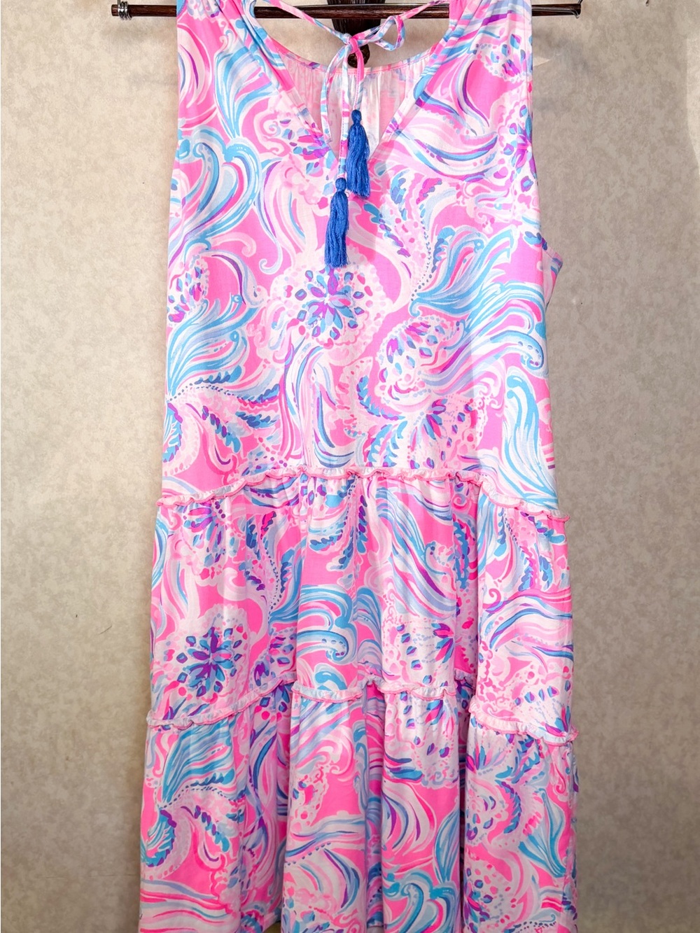 🌸🩷 Lilly Pulitzer Evelyn Swing Pink Purple Swirl Dress L Tassels Preppy Coastal - Picture 3 of 8